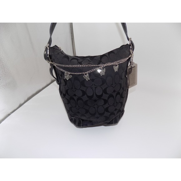 Coach Black Signature Canvas Hobo Bag Butterfly Chain Shoulder Purse - Picture 1 of 8